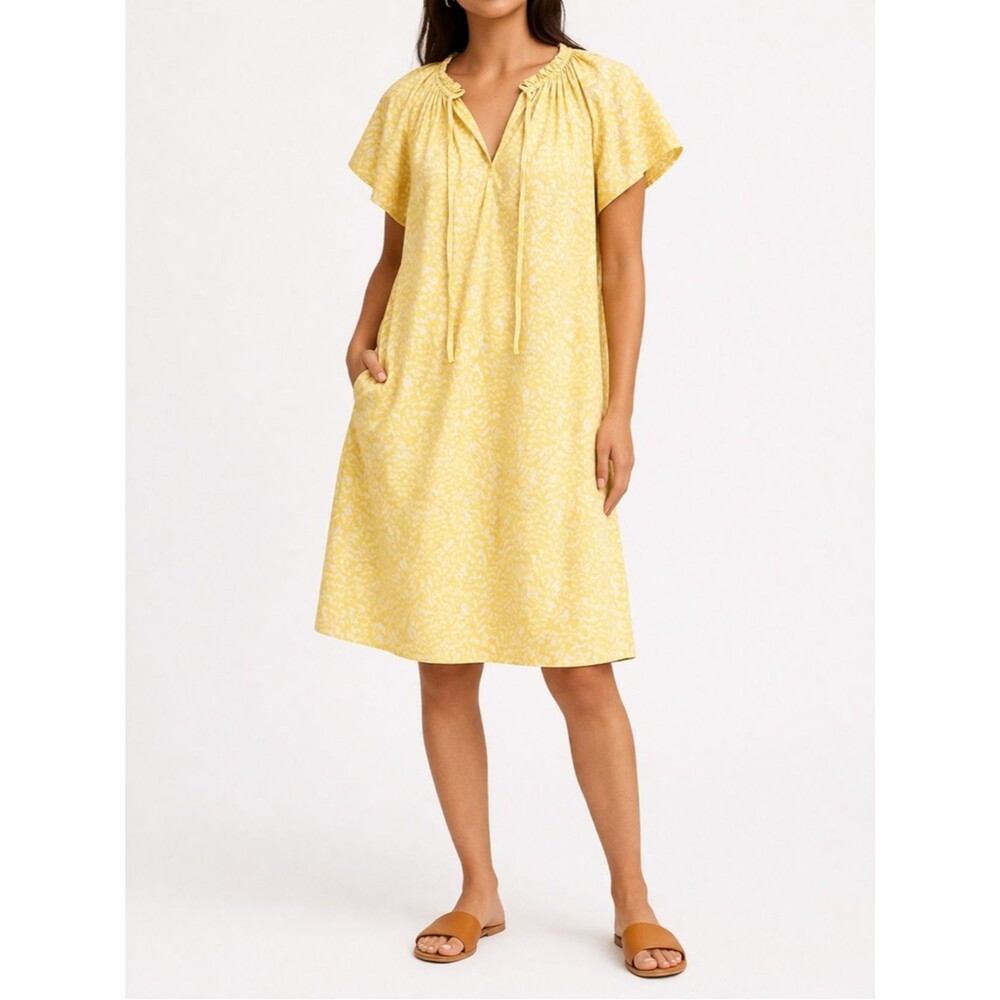 NWT Gap Yellow Print Flutter Sleeve Dress M Tall Cotton Ruffle Tie Neck Shift